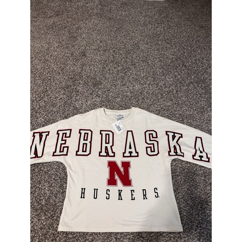 Champion Nebraska Cornhuskers Sweatshirt S/M Oversized Graphic Cream NWT